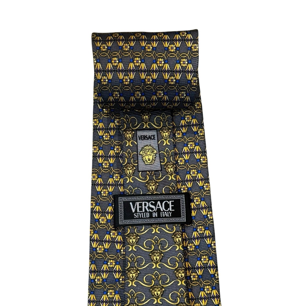 Versace Men's Tie Baroque Medusa Gray & Blue Satin‎ Silk 3.75" (W) x 56" (L) euc